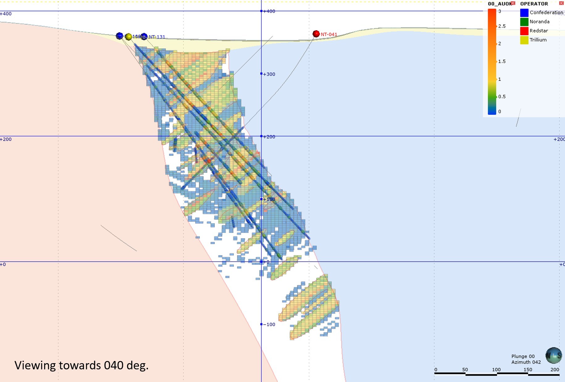 Figure 3: Section showing mineralization constrained by the Gradeshell Model. (CNW Group/Trillium Gold Mines Inc.)