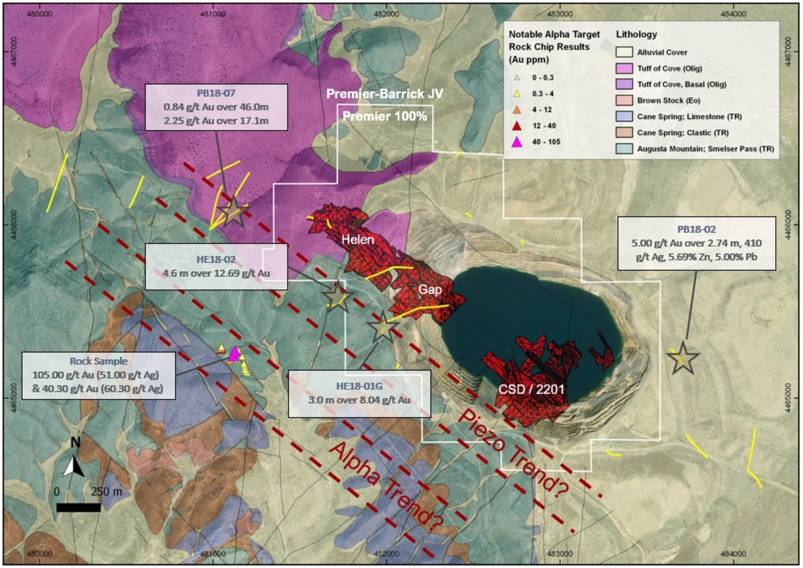 Figure 5: Geological map of the McCoy-Cove Project showing the Cove Carve Out outline and the Piezo Trend and Alpha Trend. The red mineralized zones are from the PEA. The new exploration discoveries are highlighted with a star.