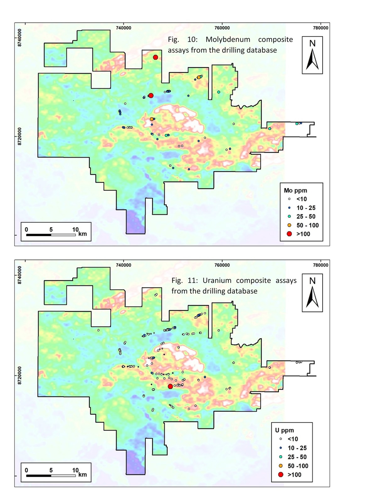 Fig. 10: Molybdenum composite assays from the drilling database
Fig. 11: Uranium composite assays from the drilling database