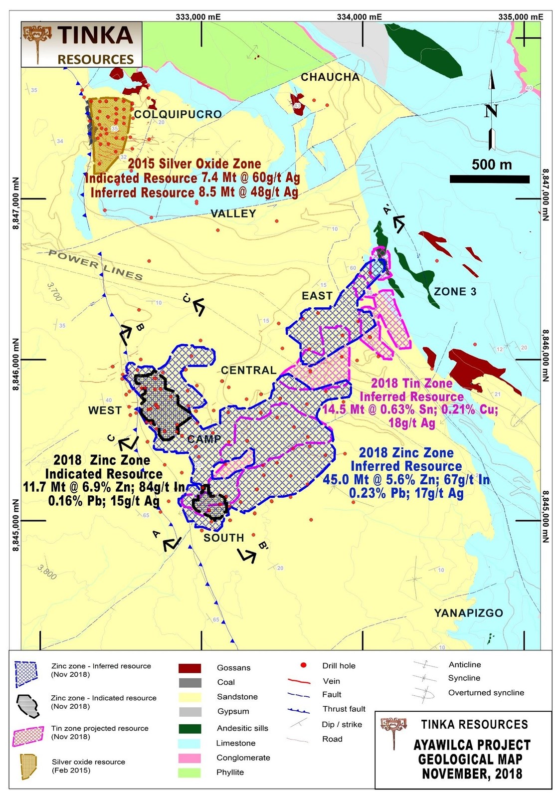 Figure 3 – Geology map and location of 2018 Mineral Resources in plan view