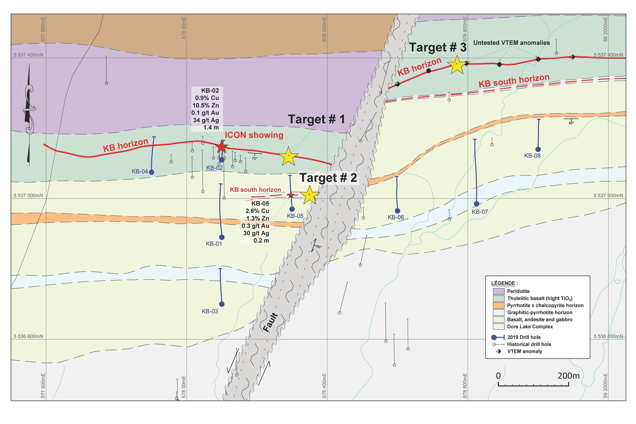 Figure 2. KB geological map showing localisation of Target #1, #2 and #3. (CNW Group/Yorbeau Resources Inc.)