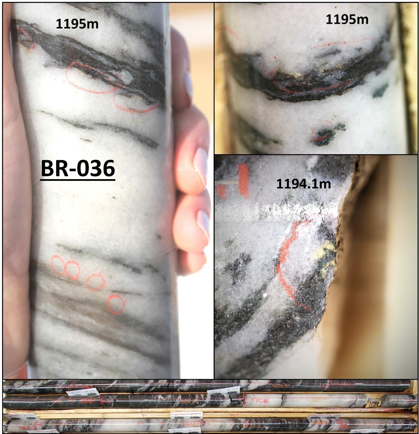 Figure 2: Image of gold mineralization from the deep Hinge zone in BR-036, at approximately 850 metres vertical depth.  Mineralization depicted in this image is from a selective interval assaying 28.86 g/t gold over 2.25 metres and is not necessarily indicative of mineralization on the property (CNW Group/Great Bear Resources Ltd.)