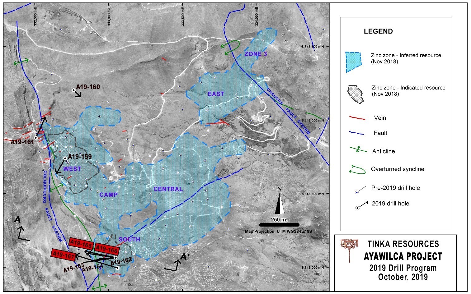 Figure 4.  Map of Ayawilca showing 2019 drill holes and Zinc Mineral Resources (CNW Group/Tinka Resources Limited)