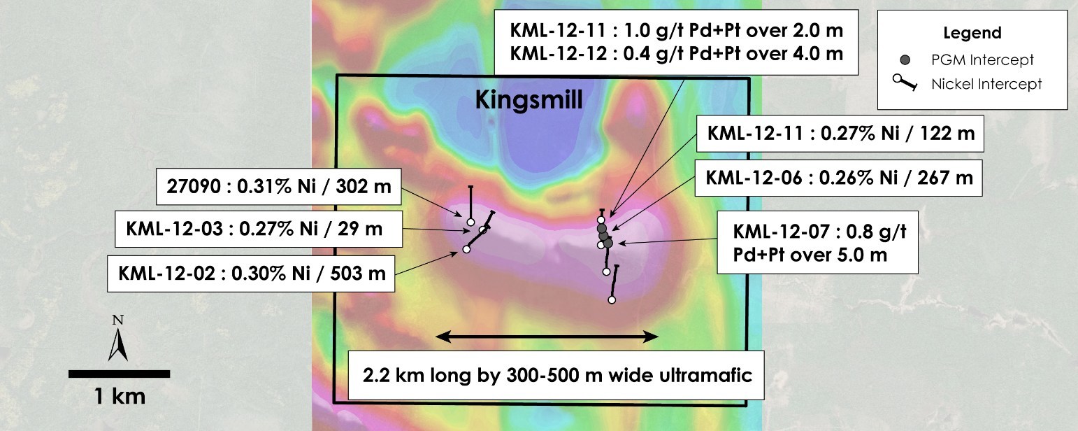 Figure 2 – Plan view of Kingsmill Property – Historical drilling overlain on total field magnetic intensity, Kingsmill Township, Ontario. (CNW Group/Canada Nickel Company Inc.)