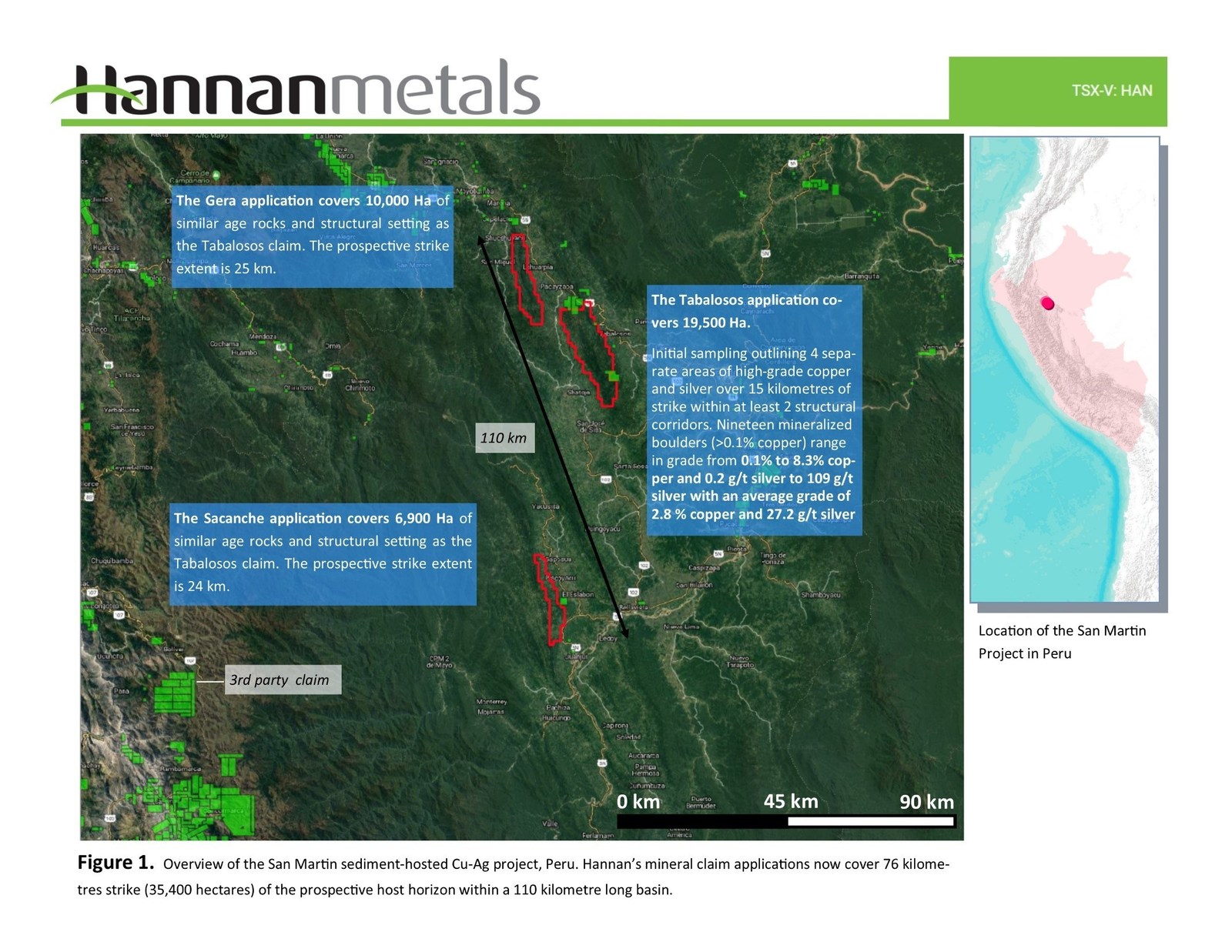 Figure. 1 Overview of the San Martin sediment-hosted Cu-Ag project, Peru. Hannan's mineral claim applications now cover 76 kilometres strike of the prospective host horizon within a 110 kilometer long basin.