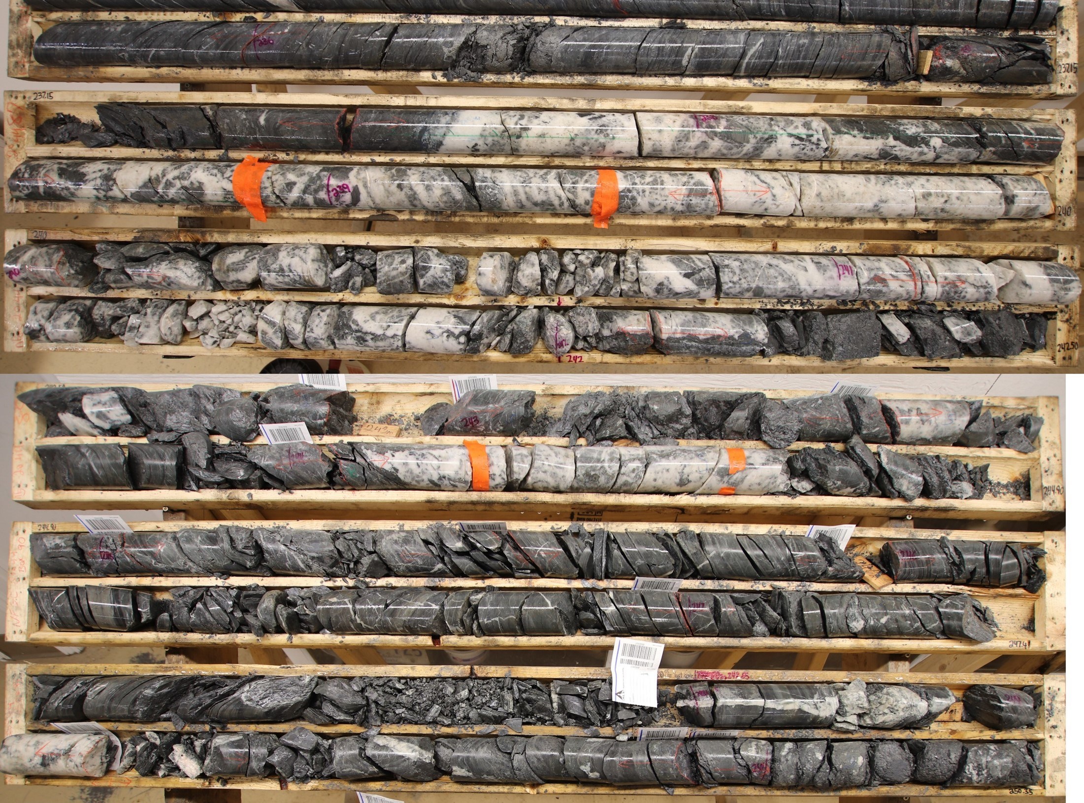 Figure 2. Photo of reported NFGC-20-44 interval, orange indicates visible gold mineralization (CNW Group/New Found Gold Corp.)