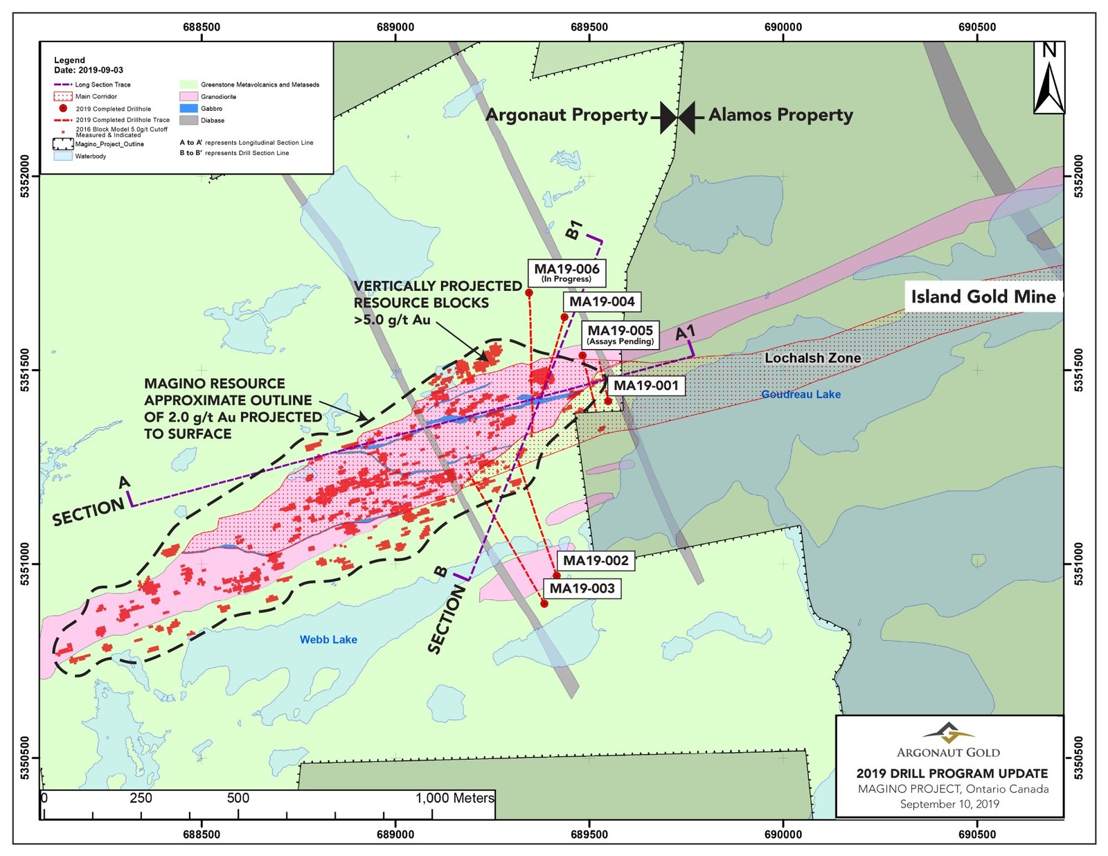 A geological map of the Magino Project located approximately 14 kilometres southeast of Dubreuilville, Ontario, adjacent to the Island Gold Mine. The map shows key drillhole locations from our recent drilling program.