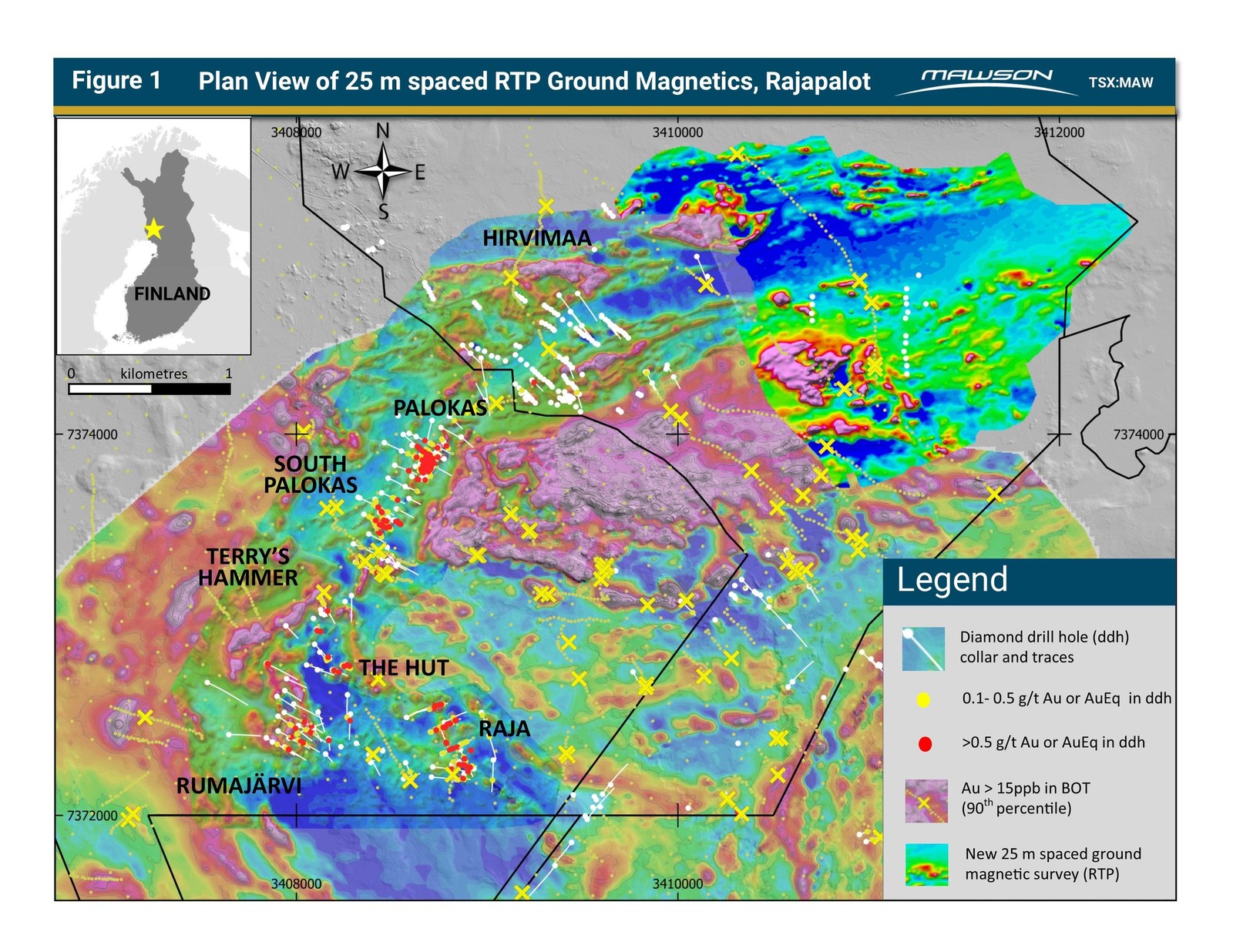 Figure 1 - Plan View of 25 m spaced RTP Ground Magnetics, Rajapalot