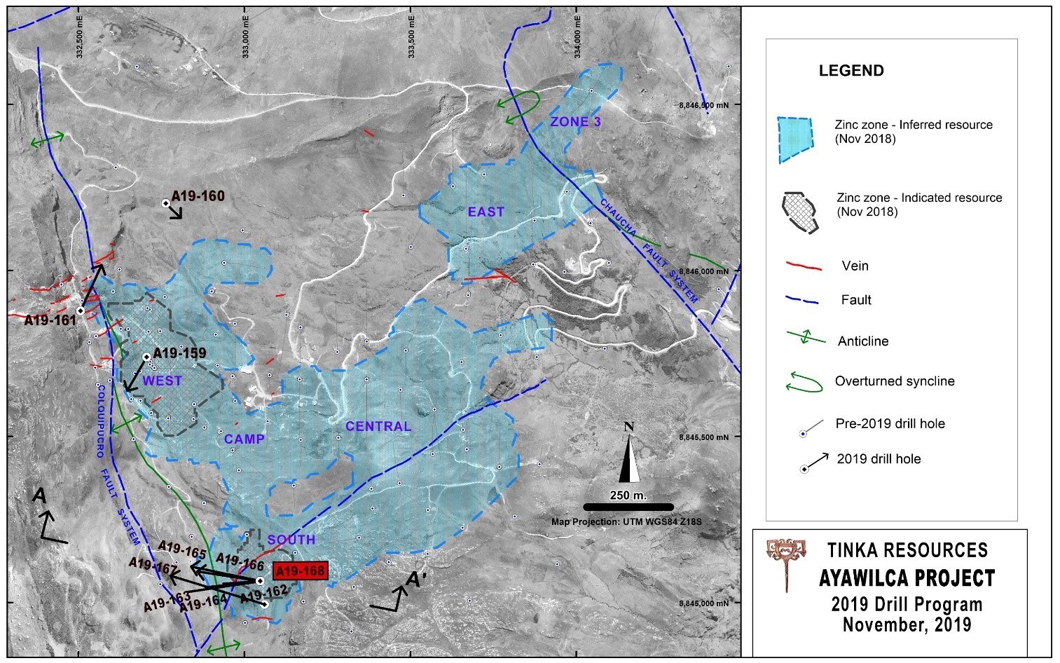Figure 3.  Map of Ayawilca showing all 2019 drill holes and the zinc mineral resource (CNW Group/Tinka Resources Limited)