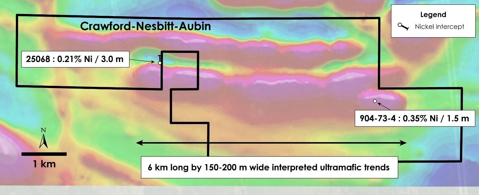 Figure 3 – Plan view of Crawford-Nesbitt-Aubin Property – Historical drilling overlain on total field magnetic intensity, Crawford, Nesbitt and Aubin Townships, Ontario. (CNW Group/Canada Nickel Company Inc.)