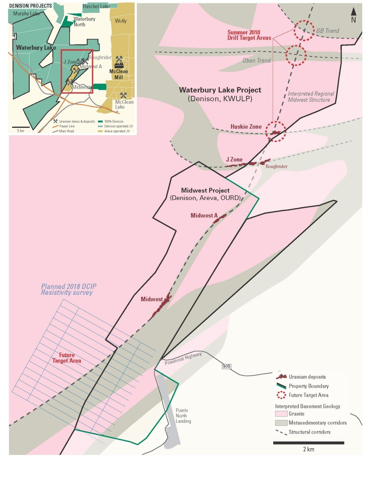 Figure 1: Summary plan map of the summer 2018 exploration program related to the Midwest regional structure.