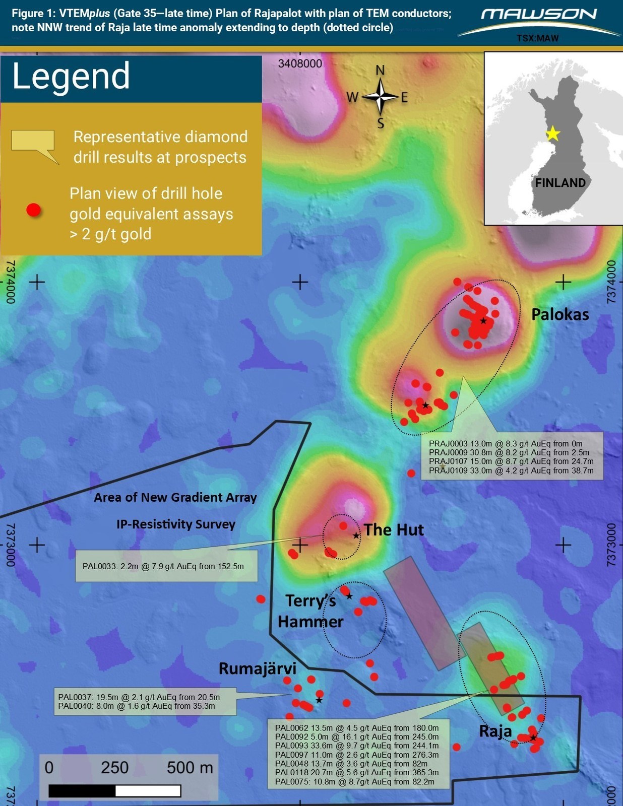 Figure 1: VTEMplus Plan of Rajapalot with plan of TEM conductors; note NNW trend of Raja late time anomaly extending to depth