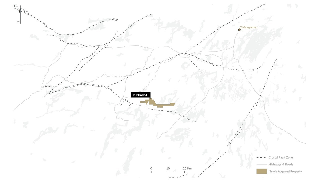 Figure 9: The recently acquired Opiwica Property relative to major structures and water bodies. (CNW Group/Trillium Gold Mines Inc.)