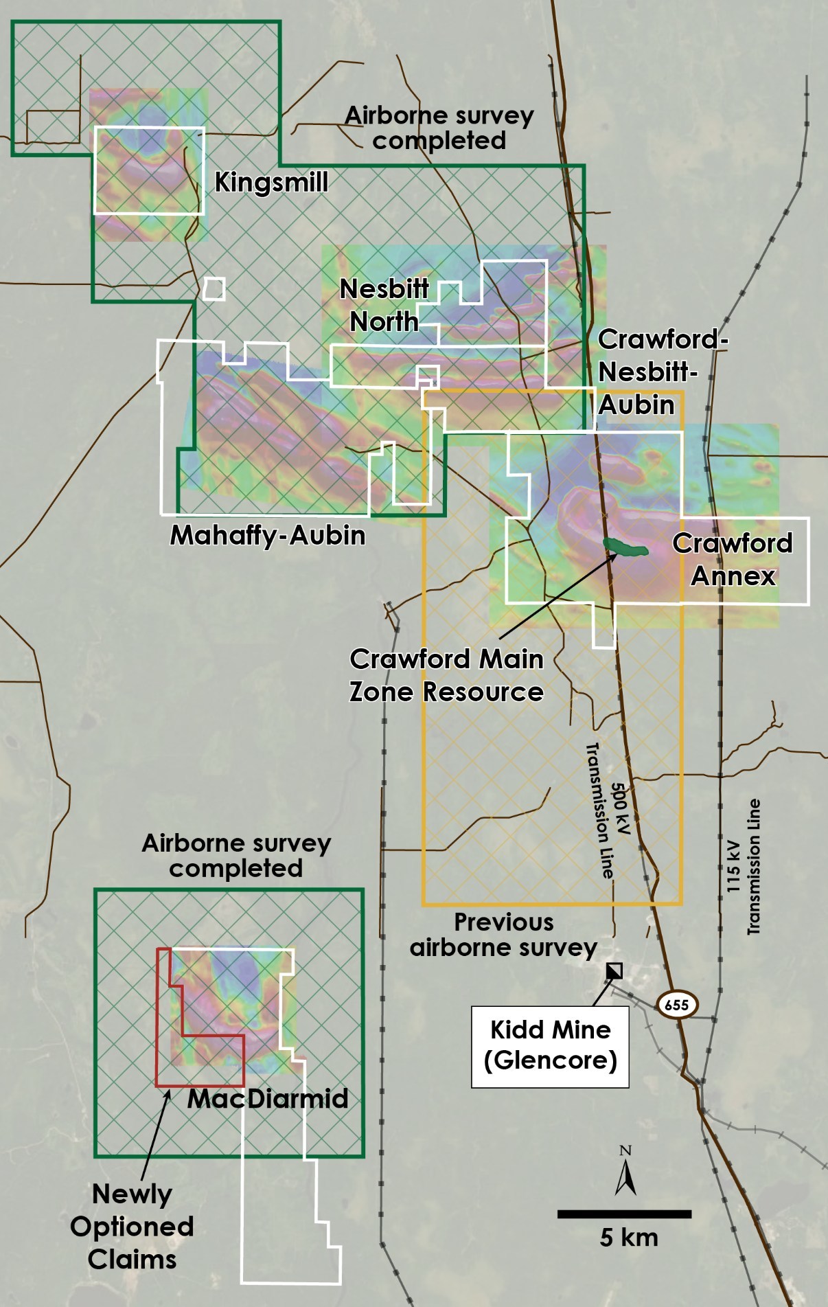 Figure 4 – Plan view of Crawford, Kingsmill, Nesbitt-Aubin, Nesbit North, MacDiarmid and Mahaffy-Aubin Properties overlain on total field magnetic intensity, Ontario. (CNW Group/Canada Nickel Company Inc.)