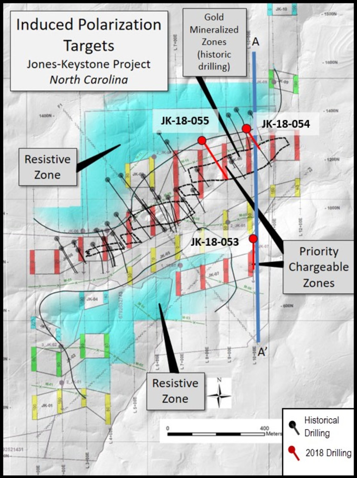 Figure 1. Jones-Keystone drillholes shown with chargeability trends from 2018 Induced Polarization inversion model and vertical section.