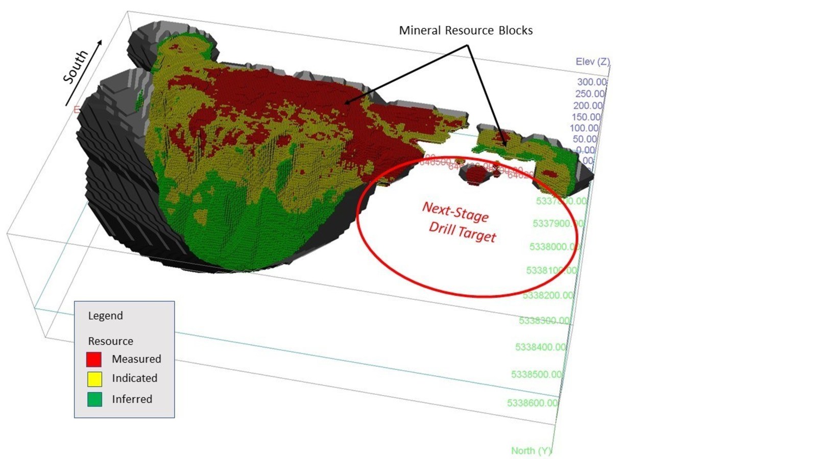 Figure 1. Perspective 3D Image of Resource Blocks of the Pit-Constrained Current Resources at the Granada Gold Project.