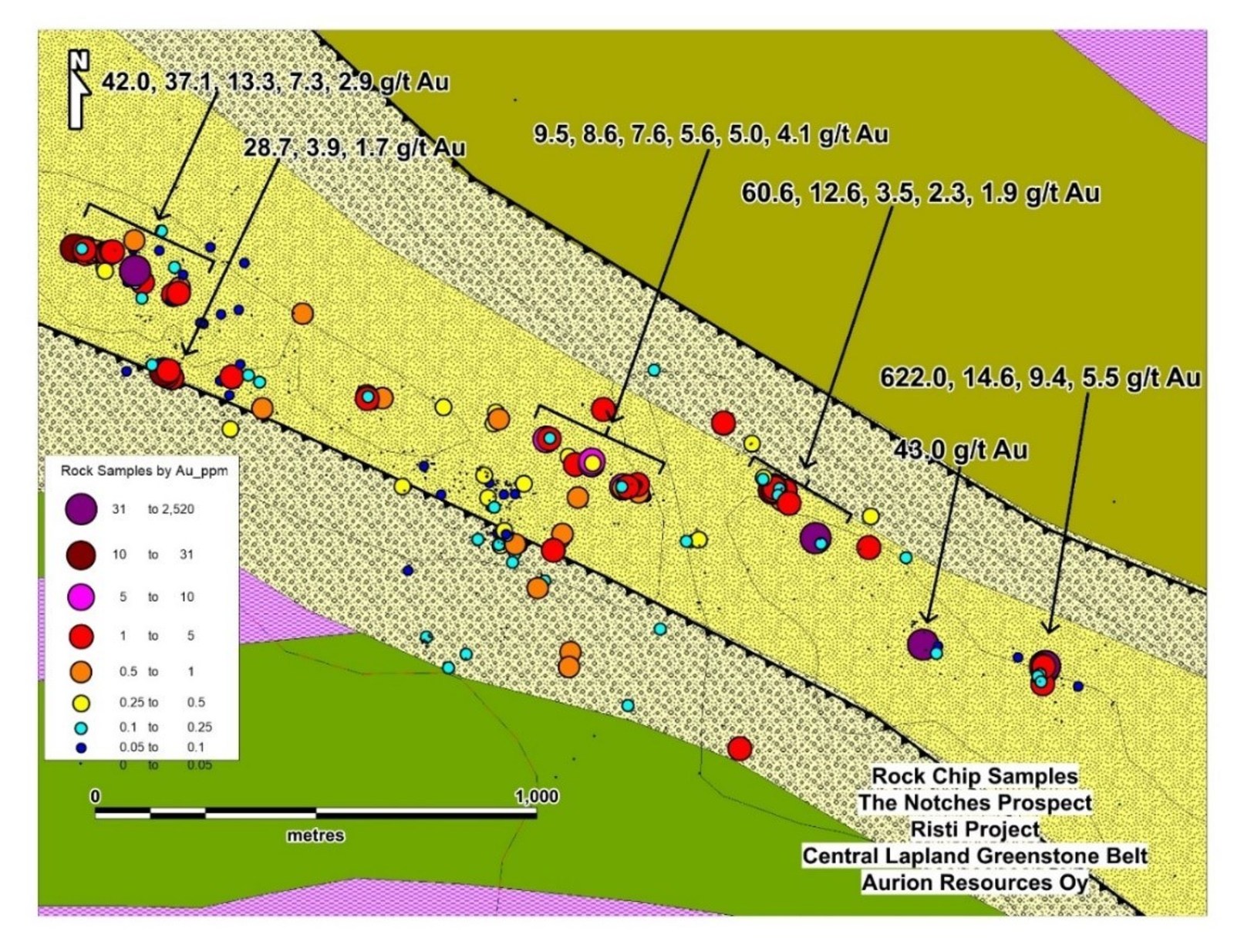 Figure 6:  Results from Aurion's Notches Prospect