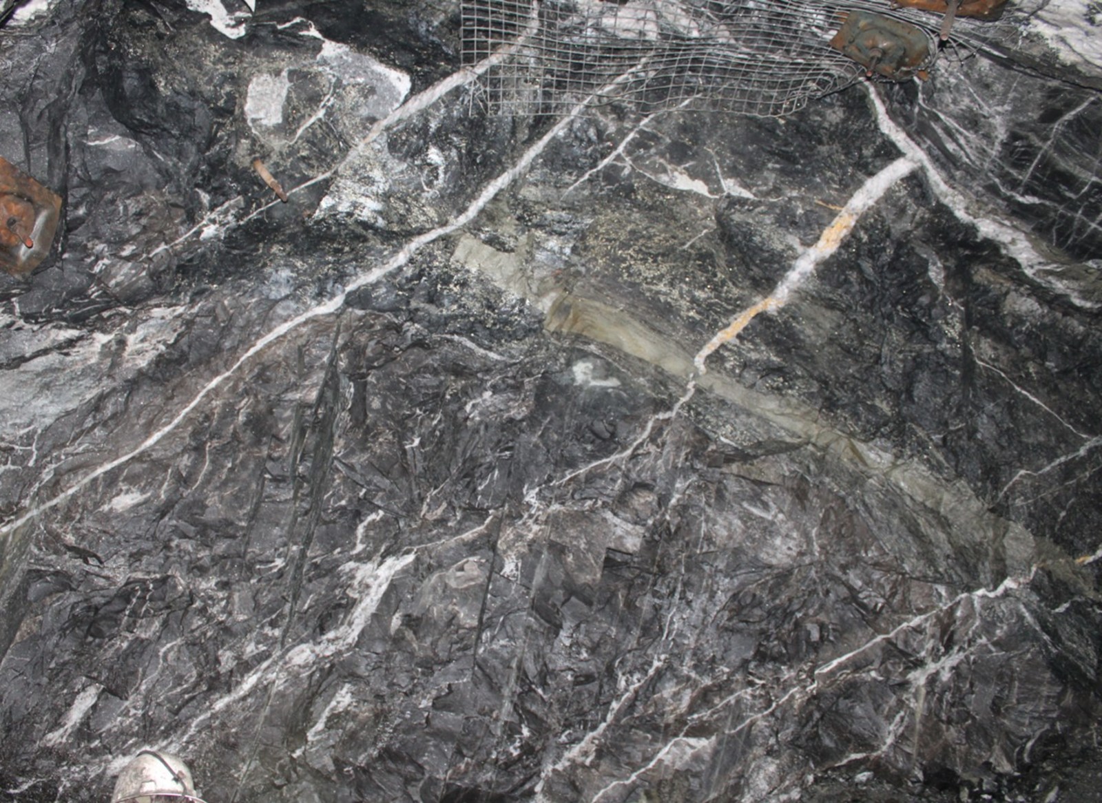Figure 3: Looking east - porphyry and pyritic sediments, showing extensional veining with visible gold