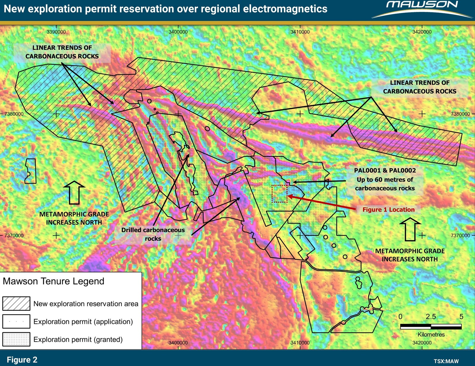 Figure 2: New exploration permit reservation and existing Mawson permits plotted over regional electromagnetics.