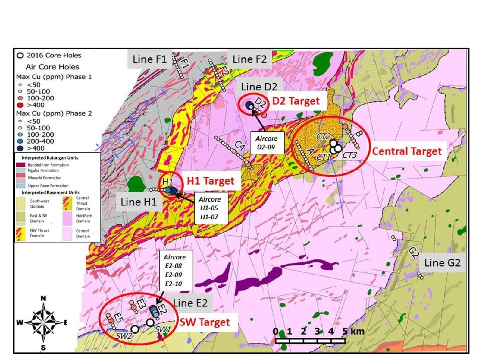 Figure 2: Plan View of Phase 1 & 2 Aircore Results & Licence Scale Magnetic Interpretation of Bedrock Geology