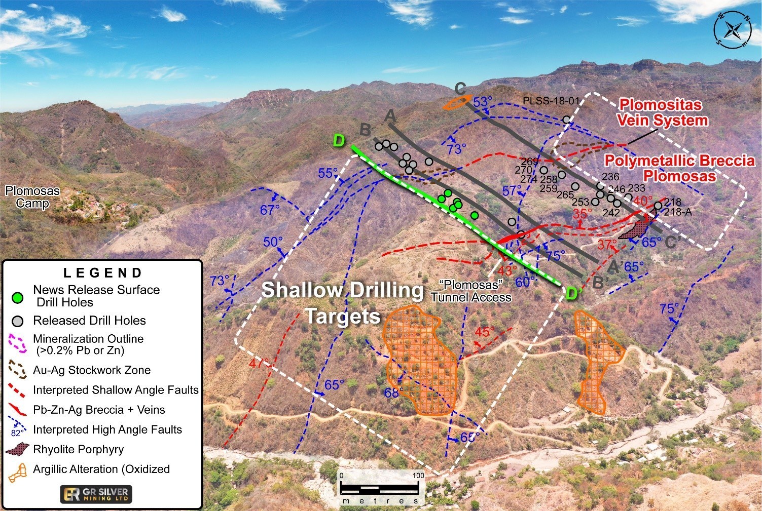 Figure 1: Drone Image of the Plomosas Mine Area (looking to the NW) - Drill Hole Location Map (CNW Group/GR Silver Mining Ltd.)
