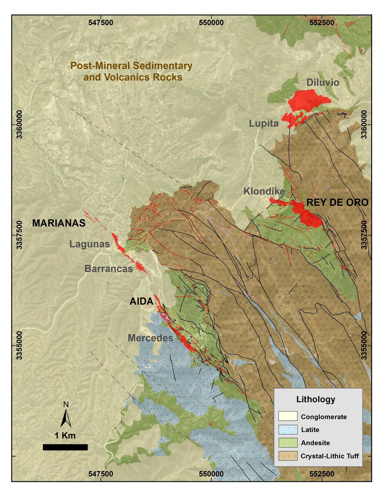 Figure 1: Mercedes regional geology map showing in red the principal gold-bearing veins. 2018 Target Areas are written in black and main deposits in grey.