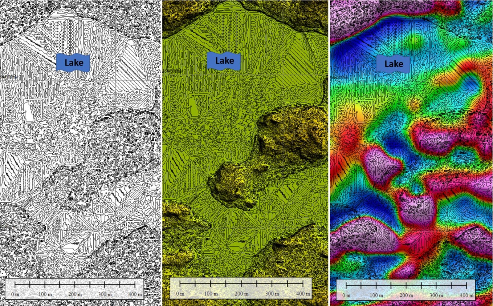 Figure 5. Outcrop finder map, showing probable locations of outcrops. Center: outcrop finder map with Lidar elevation. Right: outcrop finder map with first vertical derivative of total magnetic intensity.