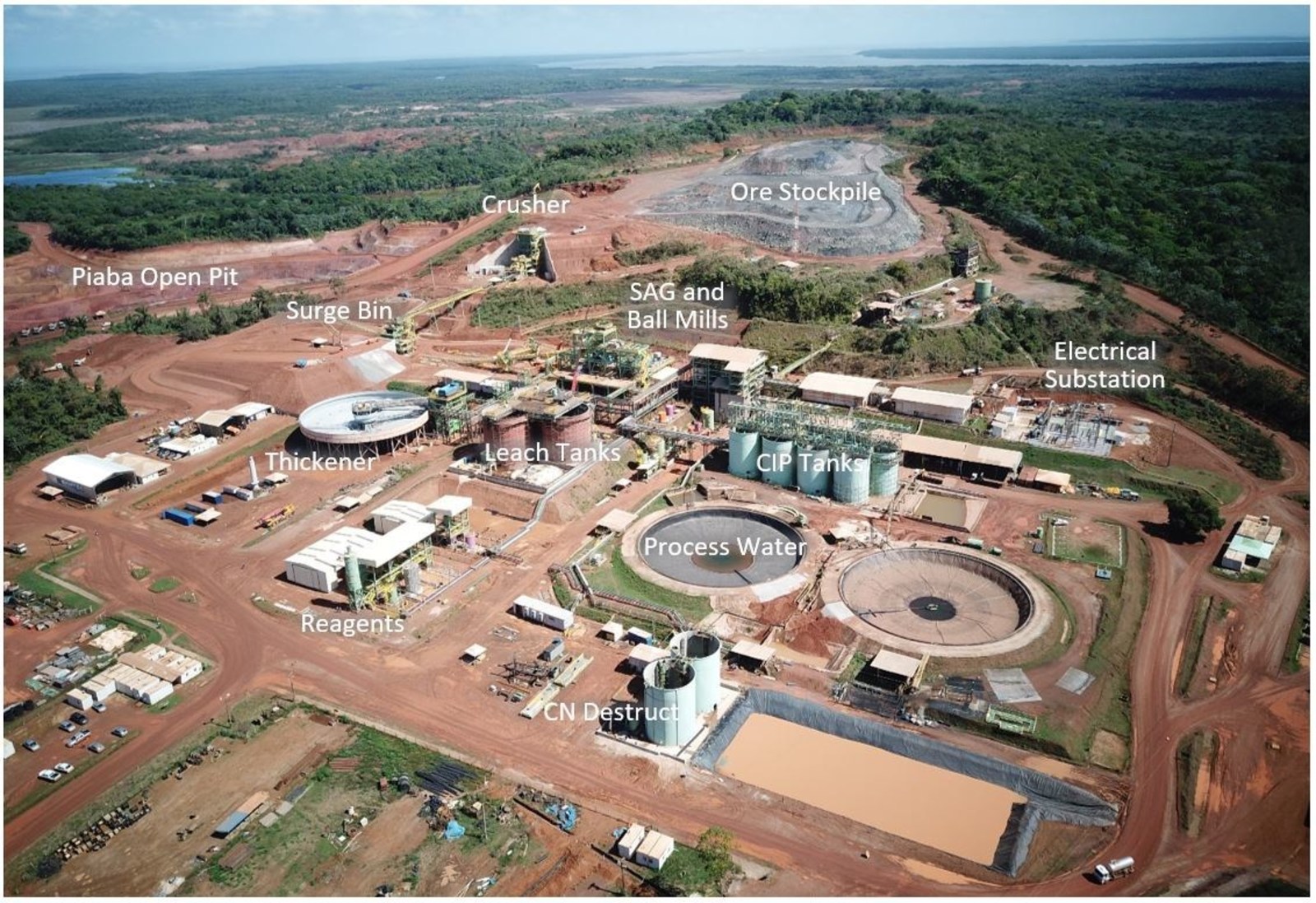 Aerial view of Aurizona plant and and ore stockpile