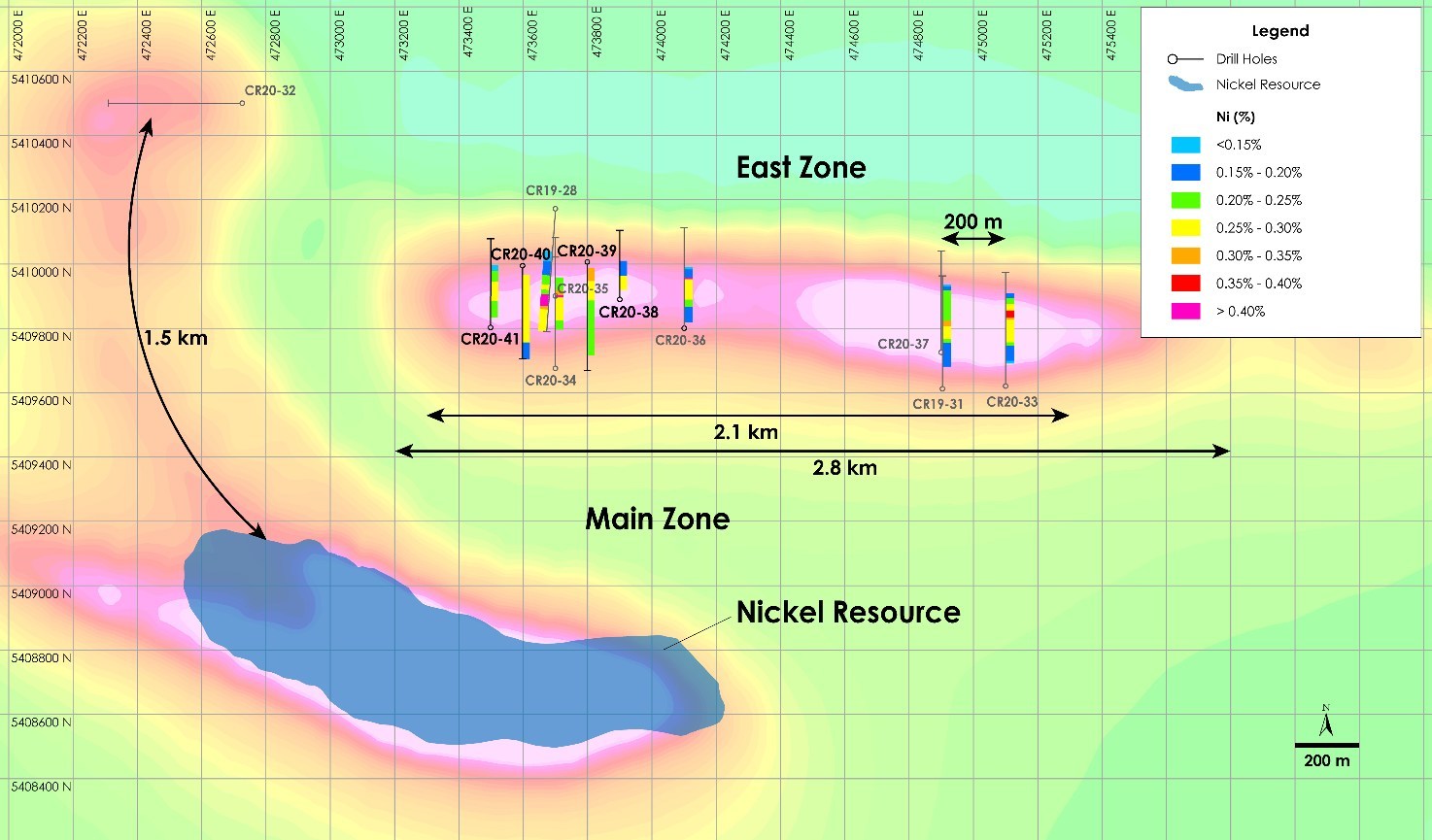 Figure 2 - Plan View of East Zone Nickel Zone - Drilling Results overlain on total field magnetic intensity, Crawford Nickel-Cobalt Sulphide Project, Ontario. (CNW Group/Canada Nickel Company Inc.)