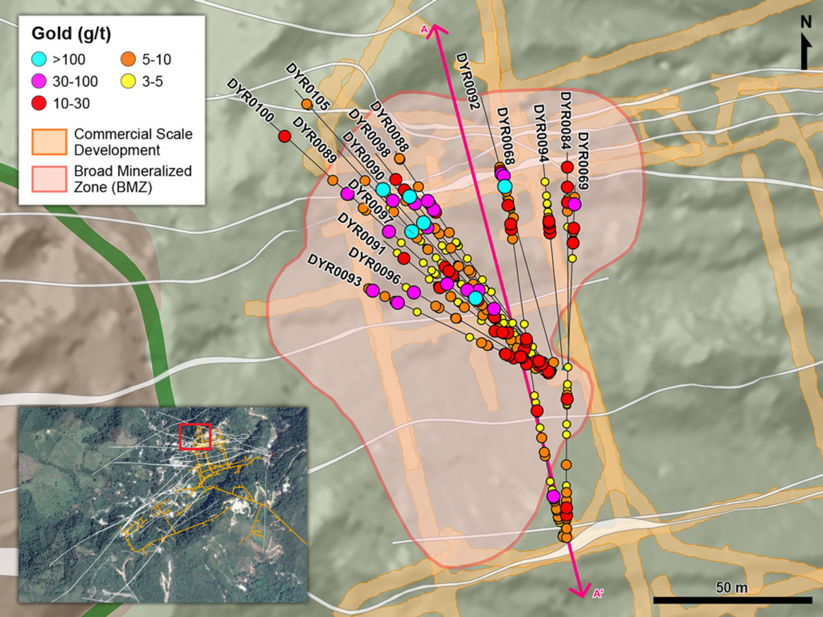 Figure 1 – Plan View of Drilling in BMZ1 and Other Areas in the Yaraguá System