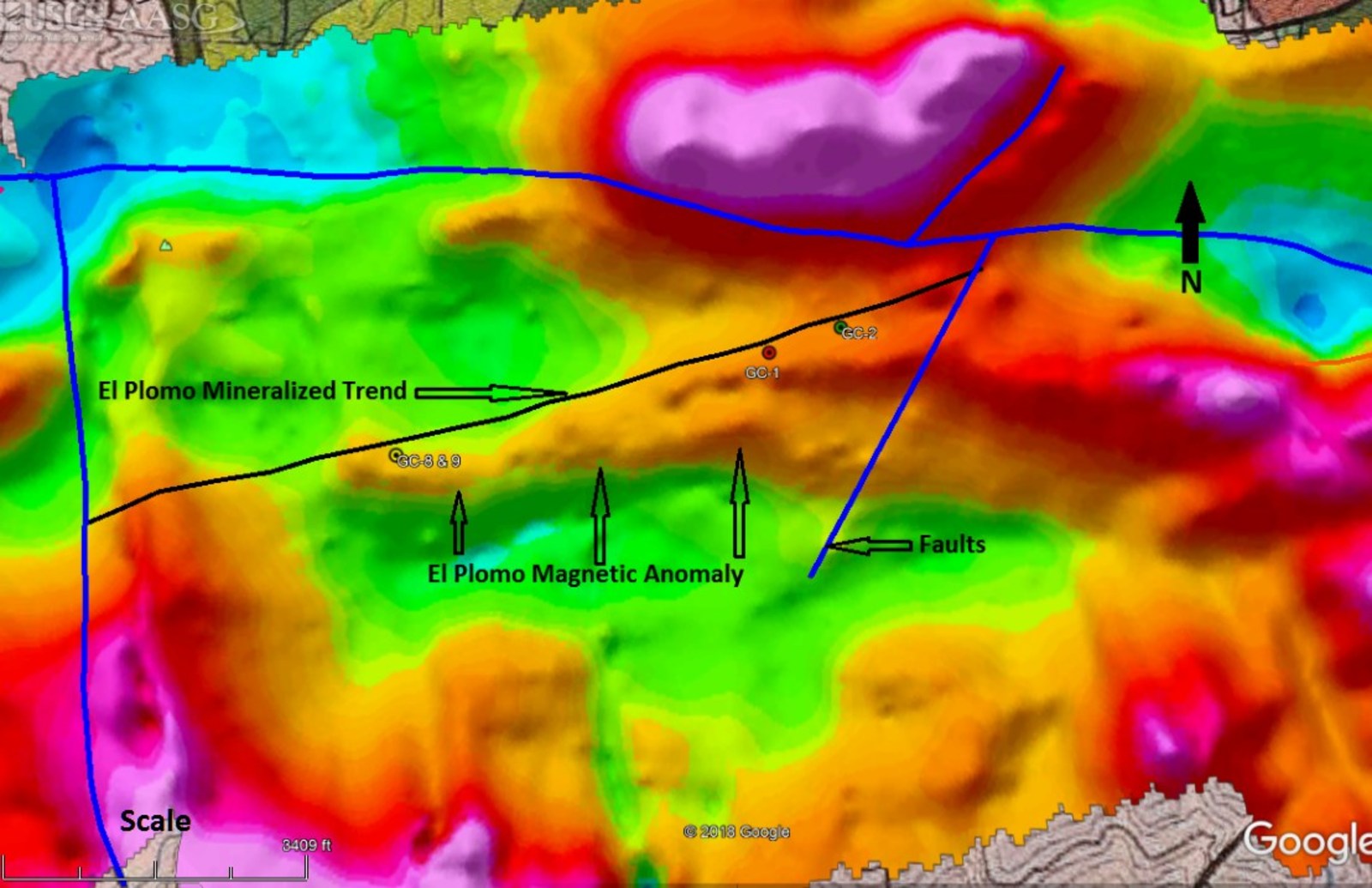 Reduced To Pole Magnetic Map of the El Plomo Section