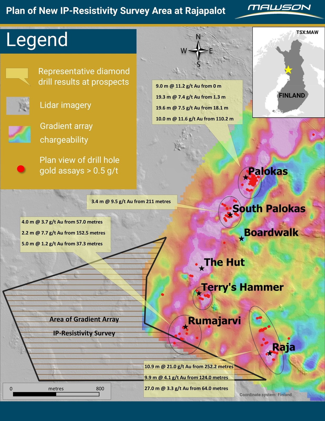 Figure 1: Extension of IP geophysical coverage, prospects and key diamond drill results and extension to gradient array IP survey area at Rajapalot.