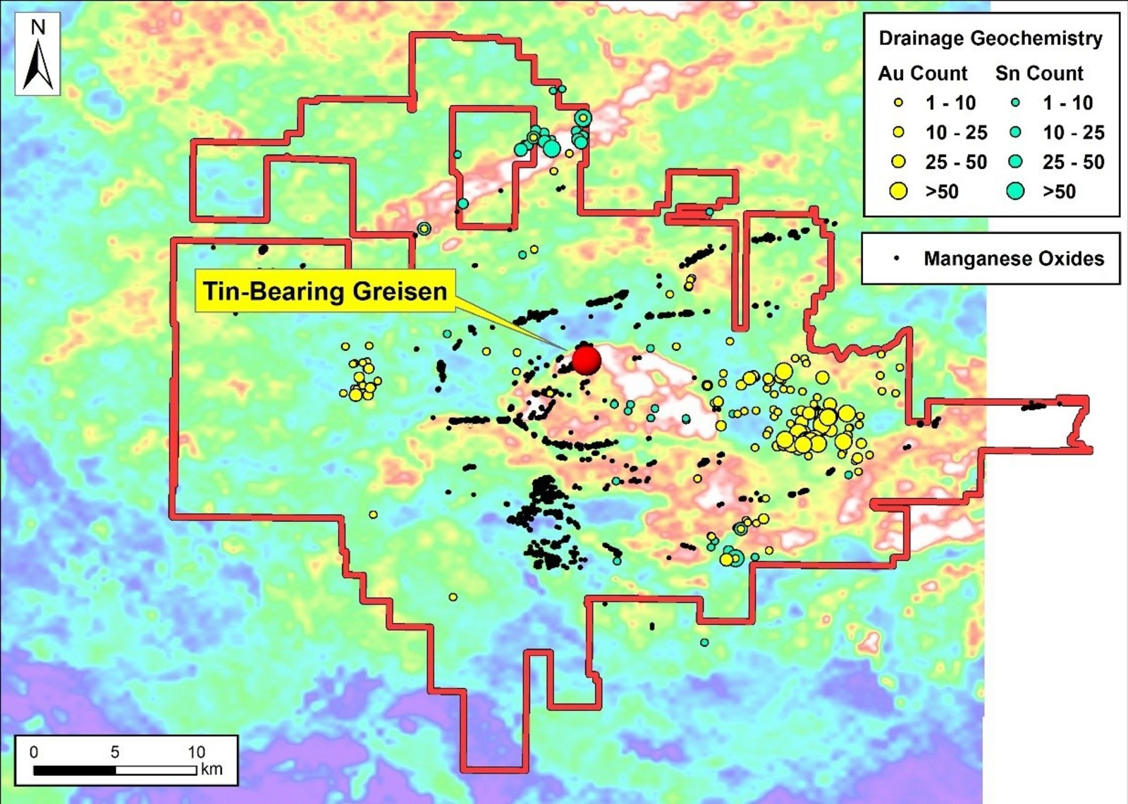 Figure 1: Overview showing the location of the newly discovery tin-bearing greisen in the central part of the project area associated with elevated total count radiometric response.