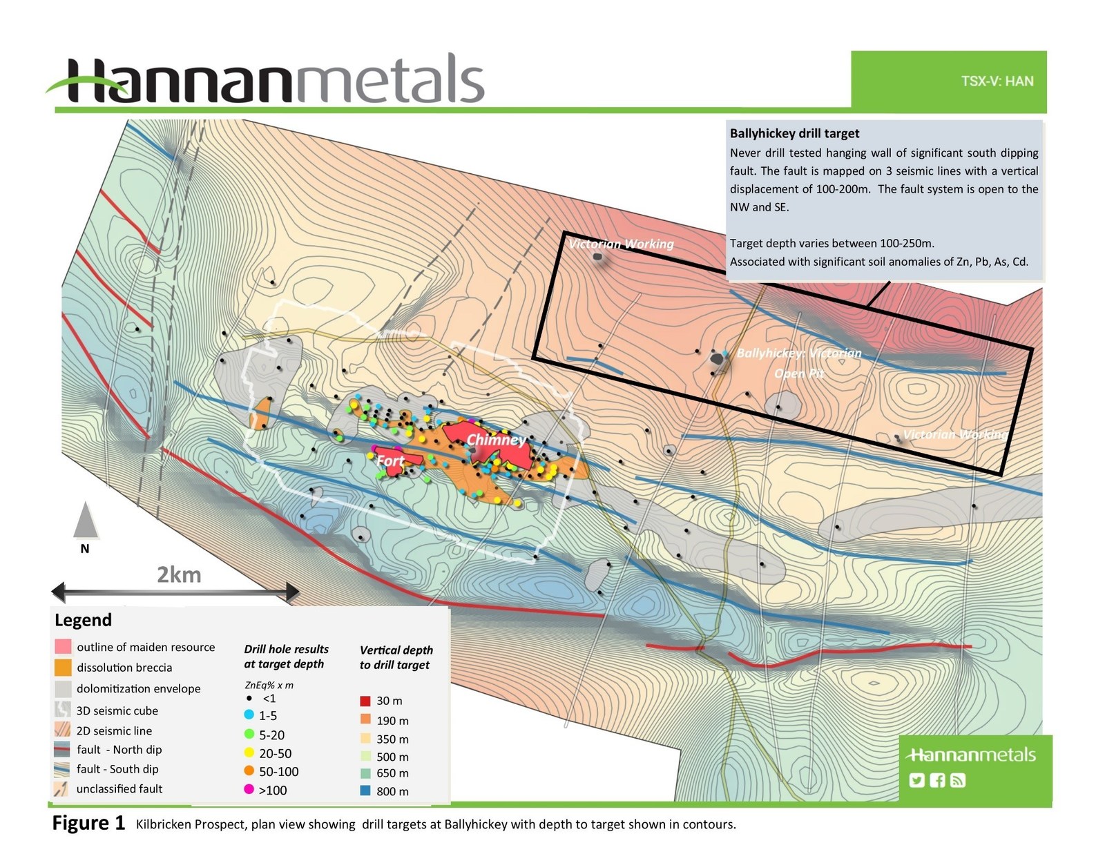 Figure 1 Kilbricken Prospect, plan view showing drill targets at Ballyhickey with depth to target shown in countours.