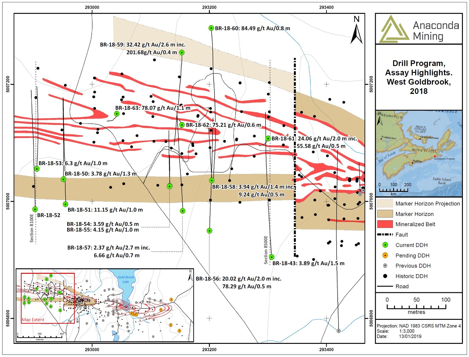 Exhibit B. A map of the West Goldbrook area showing the location of recent drilling and highlights. The Marker Horizon was intersected in drilling demonstrating that the mineralized zones of the WG Gold System are geologically equivalent to the BR Gold System.