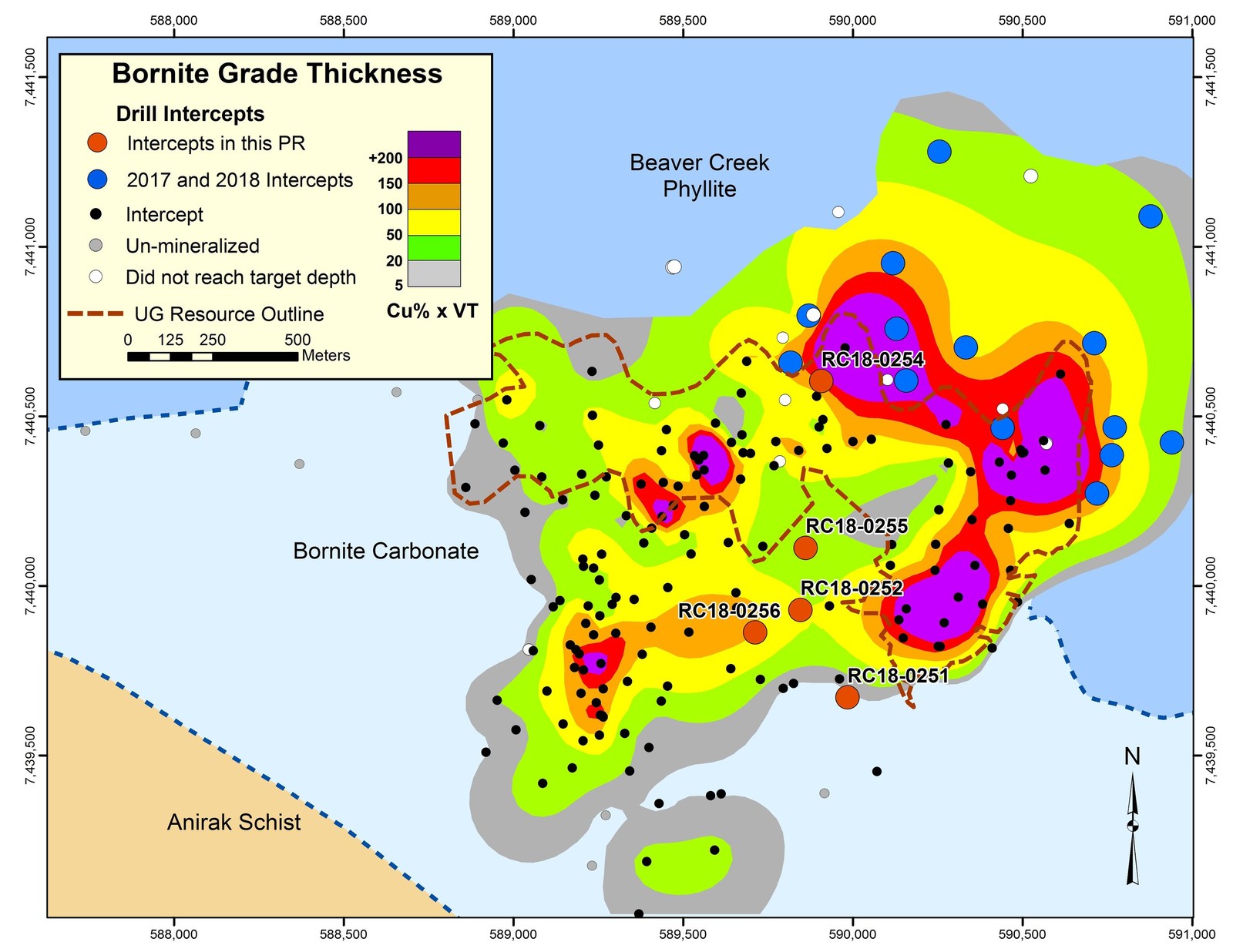 Figure 2 - Map Showing 2018 Drilling and Grade-Thickness Contours