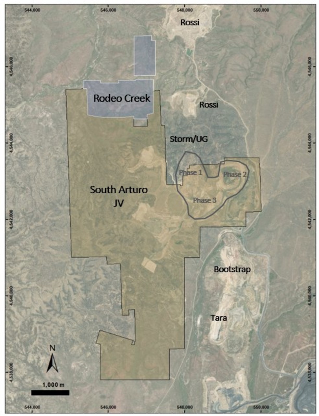 Figure 4: Property limits of Rodeo Creek and South Arturo showing the proximity of the near gold mines.