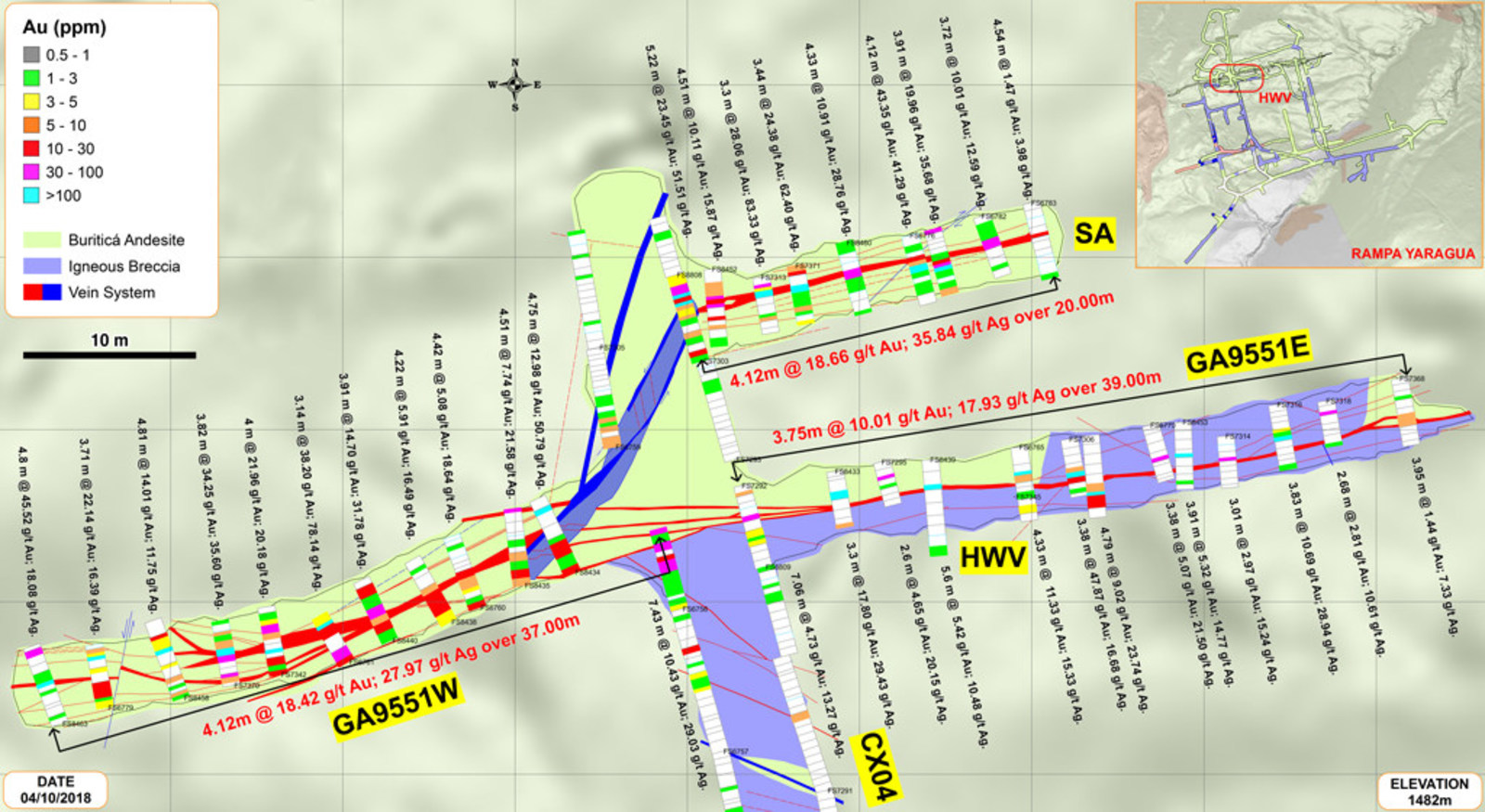 Figure 3 – Plan view of Drift Sampling Results Along the HW and San Antonio Veins