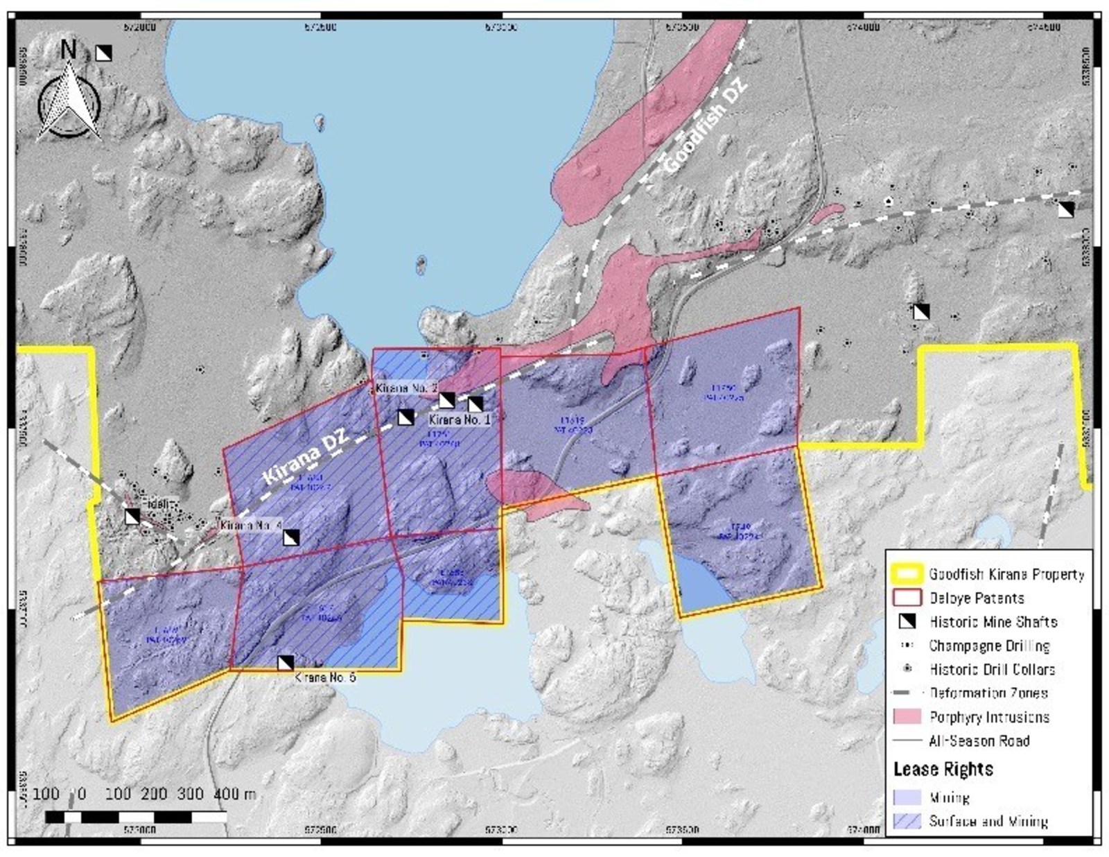 Fig. No.1 – Location of the Deloye Claims and mine shafts, trenches, and deformations zones, contiguous with the Goodfish Kirana Property.