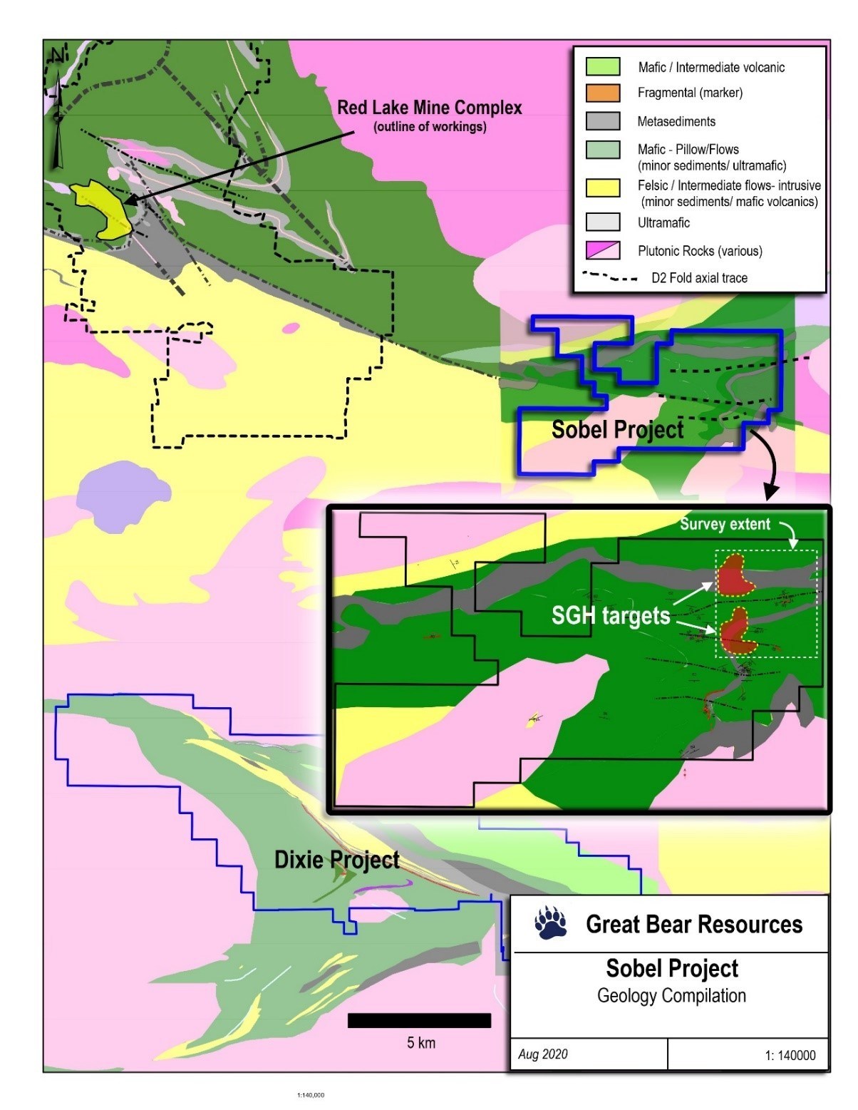 Figure 2: Geological map of the Red Lake Mine Complex and Great Bear's Sobel Property. Locations of the newly discovered SGH targets are shown in the inset. The location of the Dixie Project is also shown. (CNW Group/Great Bear Resources Ltd.)