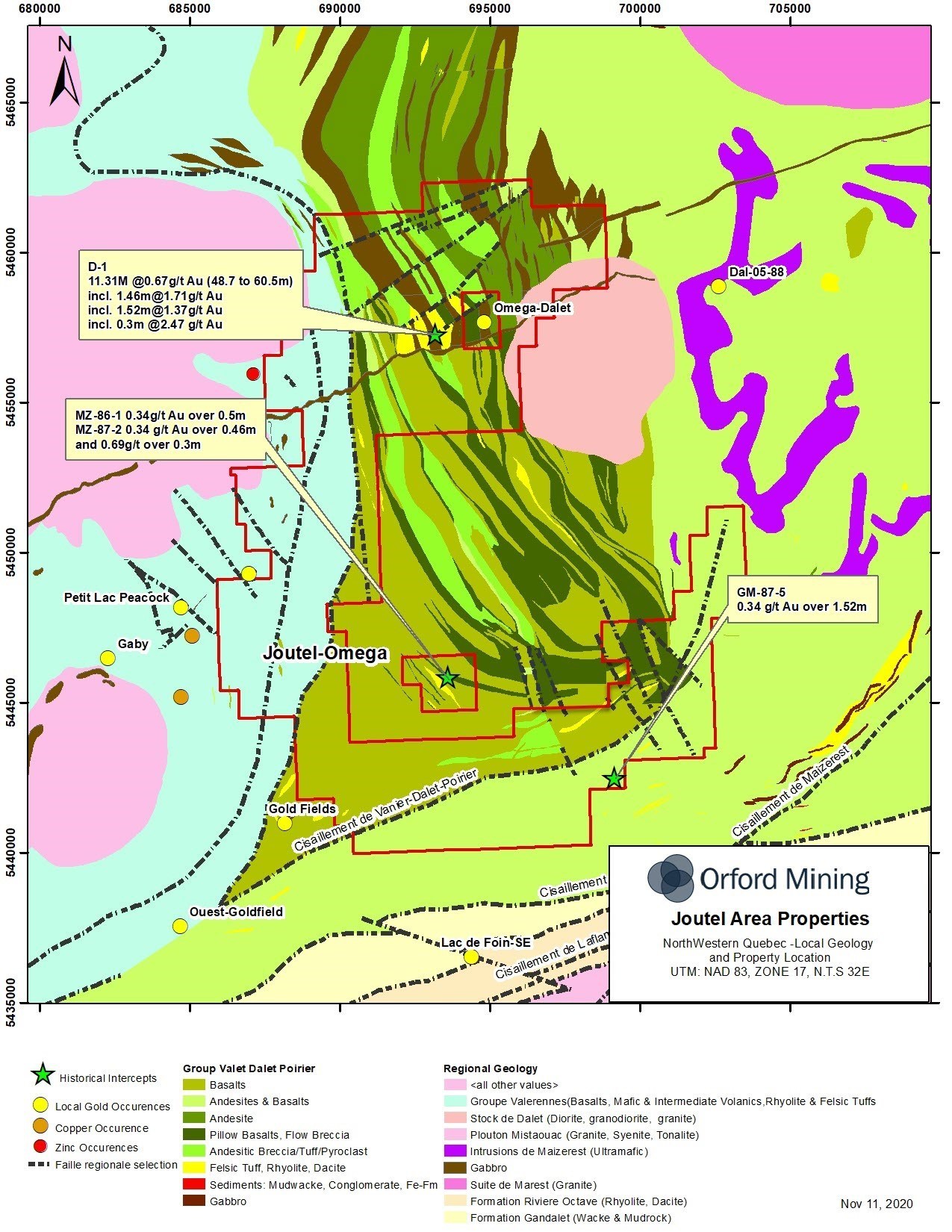Figure 2: Local Geology of the New Joutel-Omega Property shown with historical drill hole intercepts.  Drilling intervals are down-hole lengths from historical data. True thicknesses cannot be estimated with available information (CNW Group/Orford Mining Corporation)