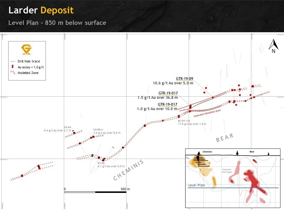 Figure 2. Level cut at 850 meters below surface illustrating both South Flow zone 
mineralized trend connected with Cheminis. (CNW Group/Gatling Exploration Inc.)