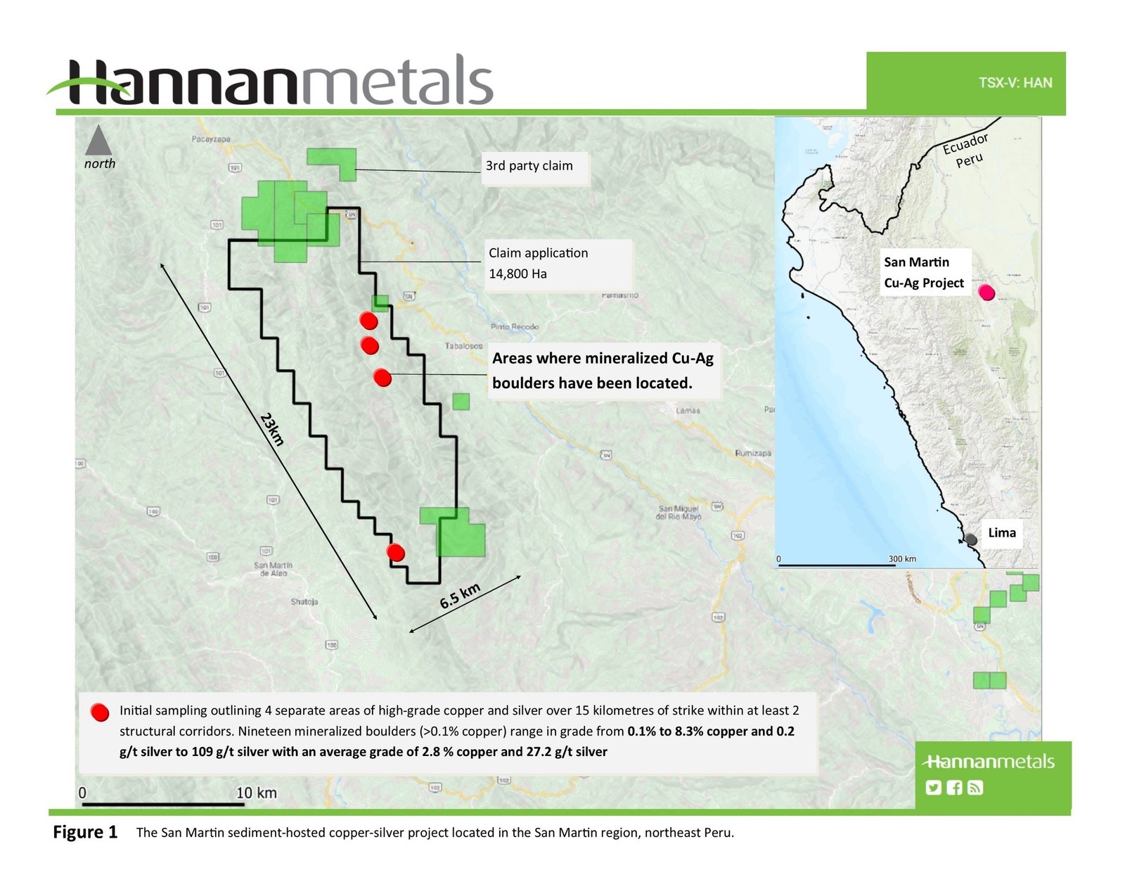 Figure 1 - The San Martin sediment-hosted copper-silver project located in the San Martin region, northeast Peru.