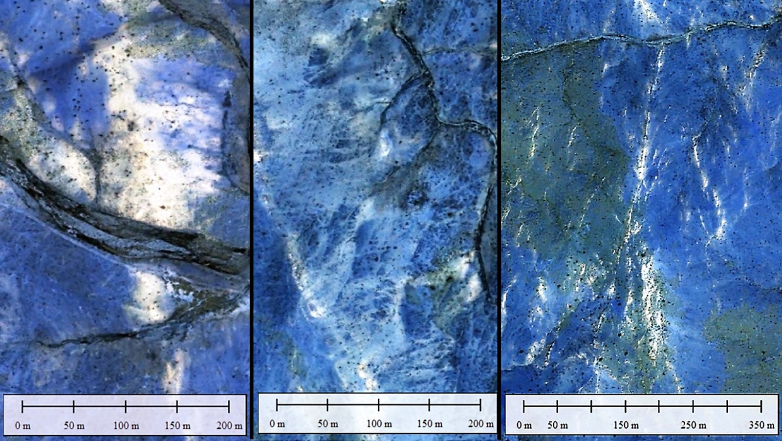 Figure 5. Filtered snapshots of selected areas of Figure 3 showing details of quartz structures, and alteration minerals dispersed on surface.