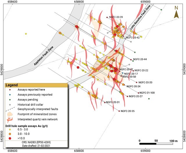 Figure 2: Interpreted faults, veining and assay results at Lotto (CNW Group/New Found Gold Corp.)