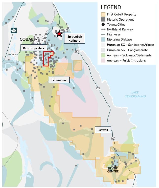 Figure 2. Bedrock geology of the Canadian Cobalt Camp properties highlighting First Cobalt’s land package and select past-producing mines. (CNW Group/First Cobalt Corp.)