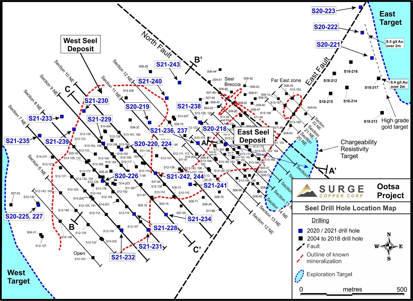 Figure 2. Plan map of drill hole locations for 2020-2021 Ootsa drill program. (CNW Group/Surge Copper Corp.)