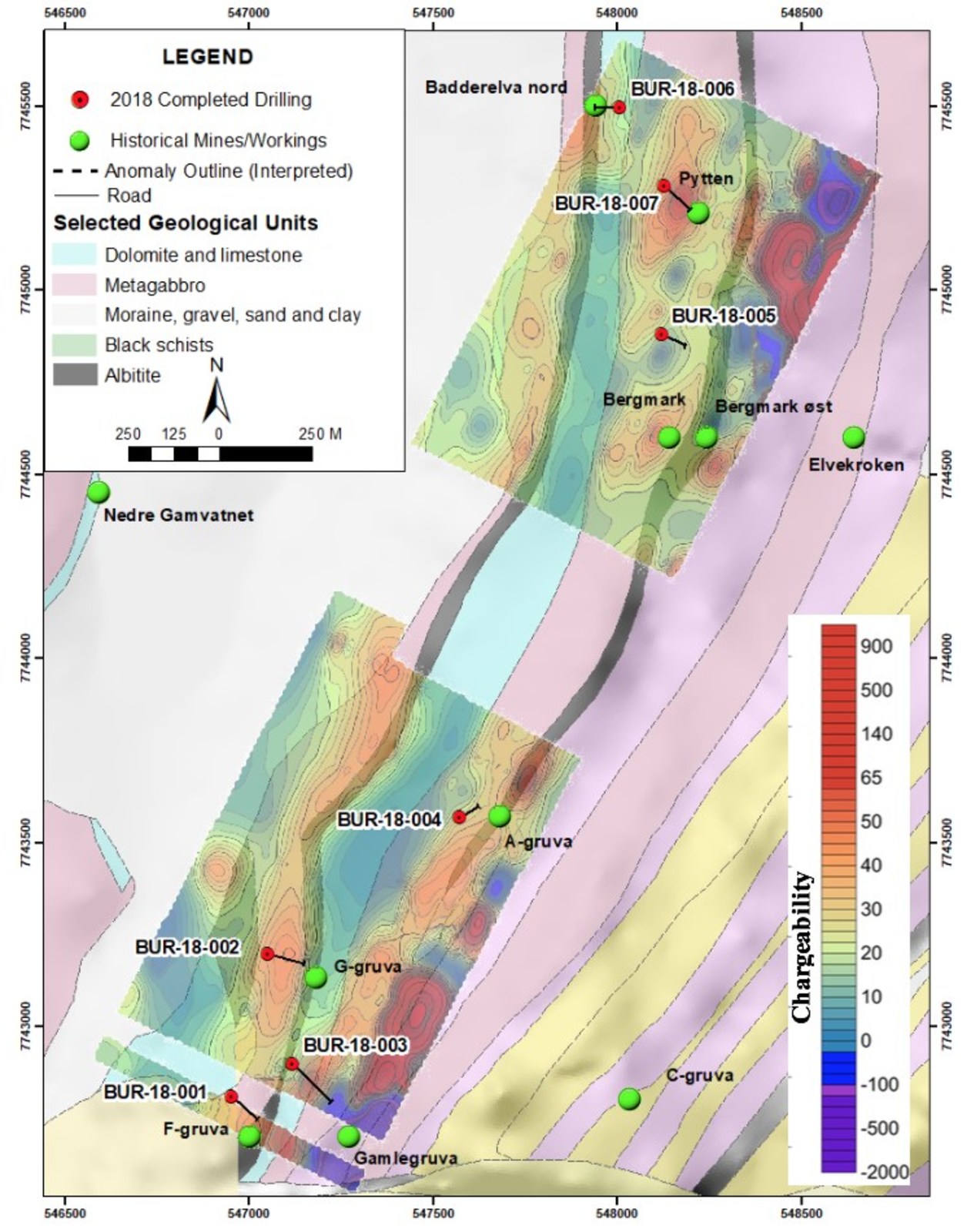 Figure 1.  Burfjord drill hole locations showing IP Geophysics, geology and mineral occurrences.