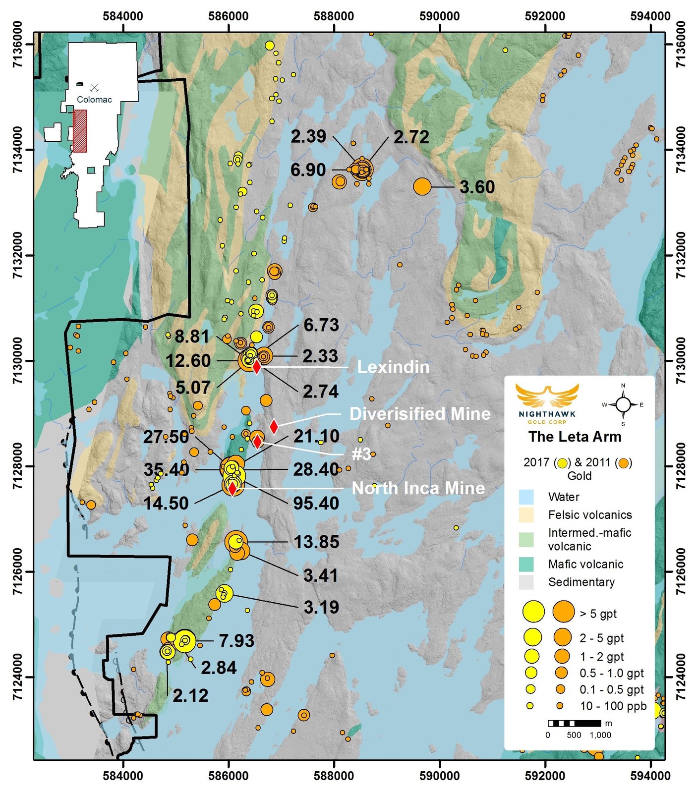 Figure 4.  Leta Arm Location Map and Select Notable Surface Sampling Results
