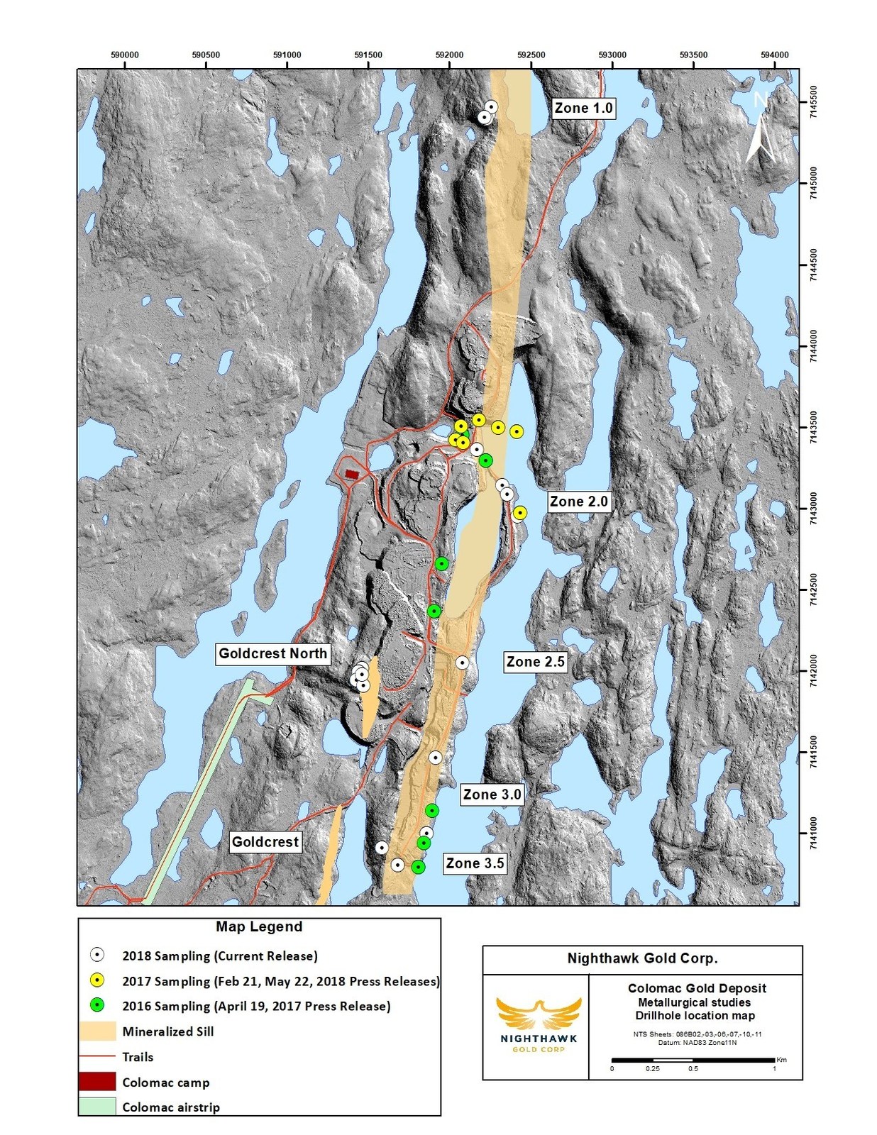Figure 1. Drillhole locations sampled in Colomac metallurgical testwork to-date.